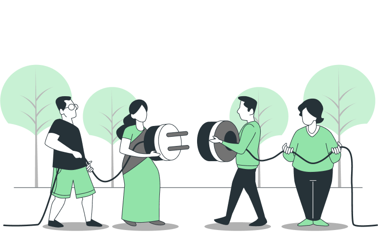 Illustration of team reconnecting plug